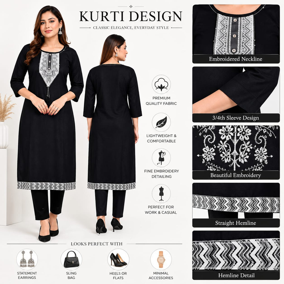 Signature Black Kurti with Embroidered Neckline & Hem