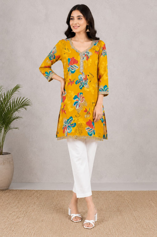 Vibrant Mustard Yellow Floral Print Short Kurti for Women