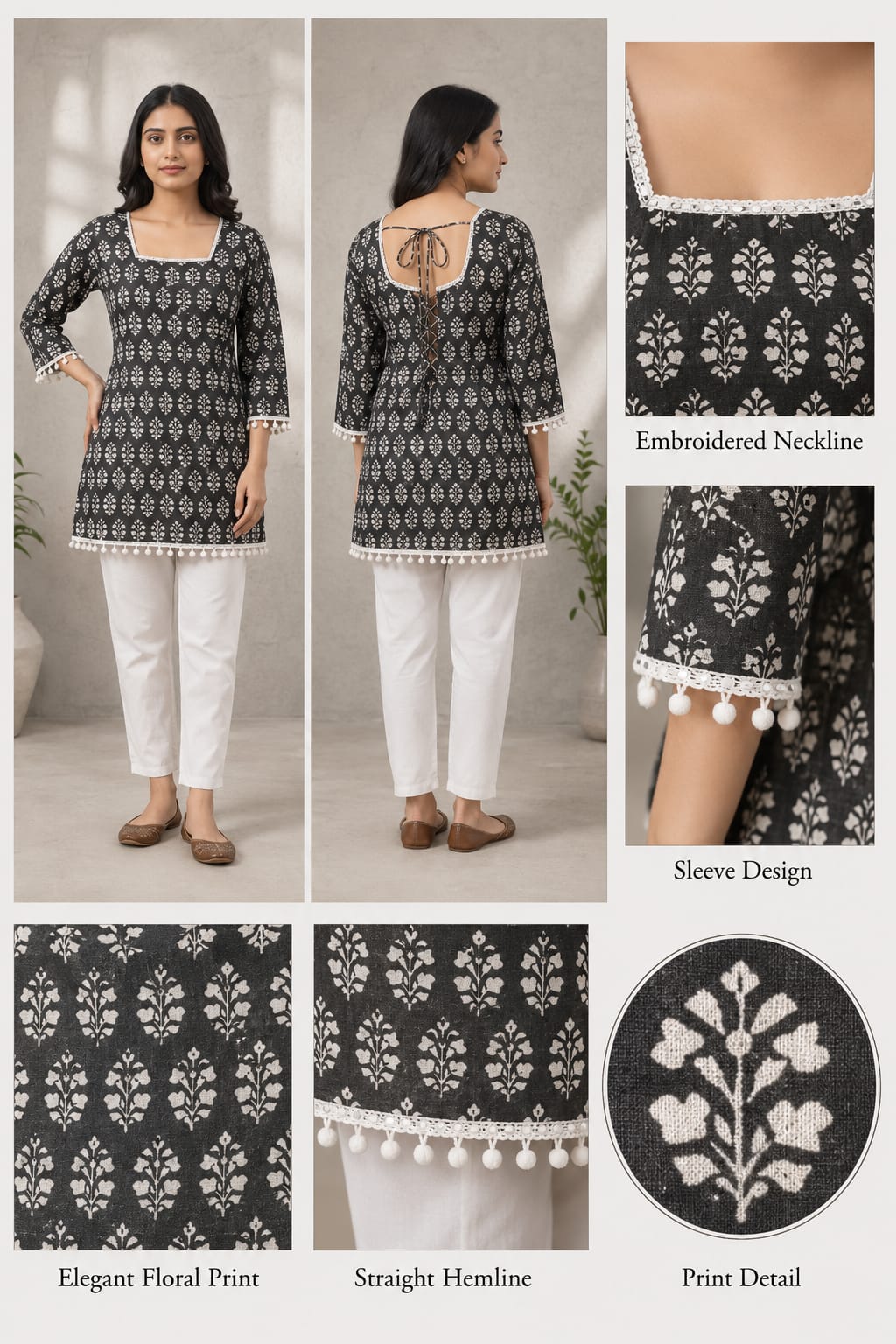 Black Floral Printed Straight Kurti | Square Neck | 3/4 Sleeves | Casual, Office & Daily Wear