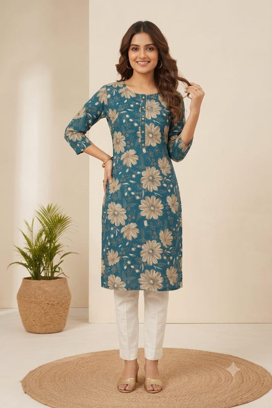 Teal Blue Floral Printed Straight Kurti | Premium Cotton Blend | Round Neck | 3/4 Sleeves | Elegant Casual, Office & Daily Wear