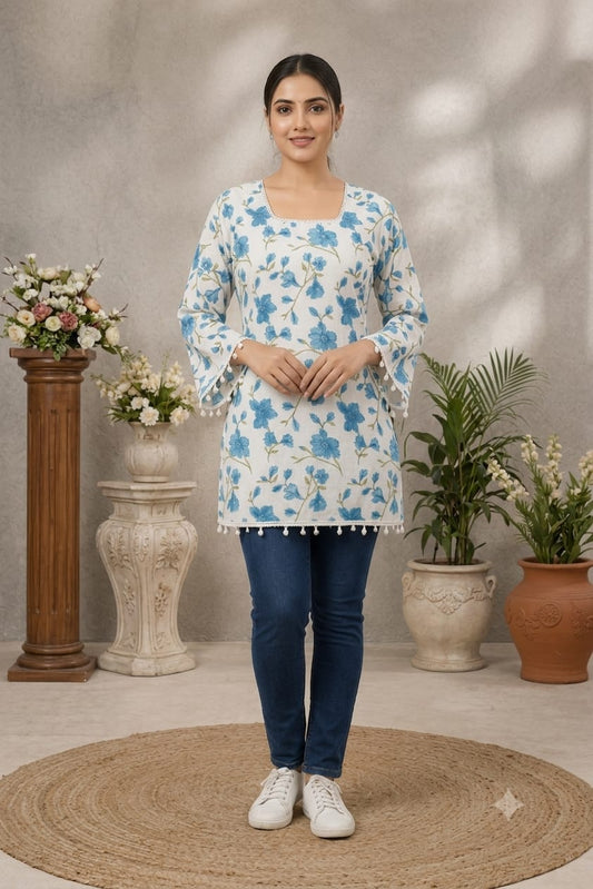 White & Sky Blue Floral Printed Straight Kurti | Premium Cotton Blend | Square Neck | 3/4 Sleeves | Casual, Office & Daily Wear