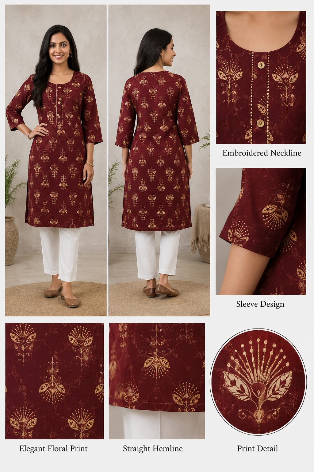 Maroon Floral Printed Straight Kurti | Premium Cotton Blend | Round Neck | 3/4 Sleeves | Casual, Office & Daily Wear
