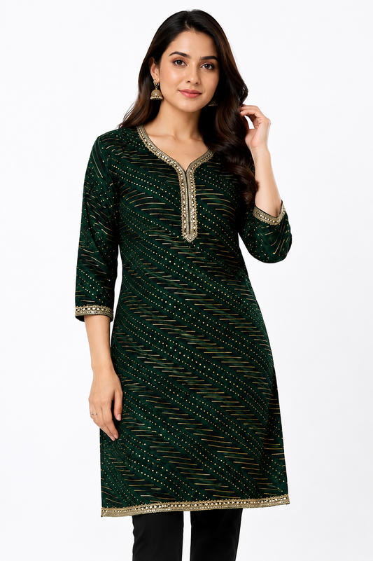 Urban's Dark Green Leheriya Print Kurti – Festive & Casual Wear
