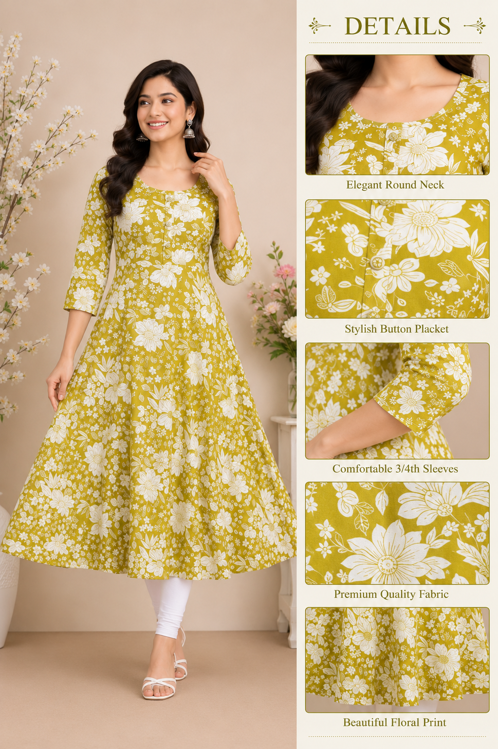 Elegant Mustard Floral Print A-Line Kurti with Stylish Button Placket