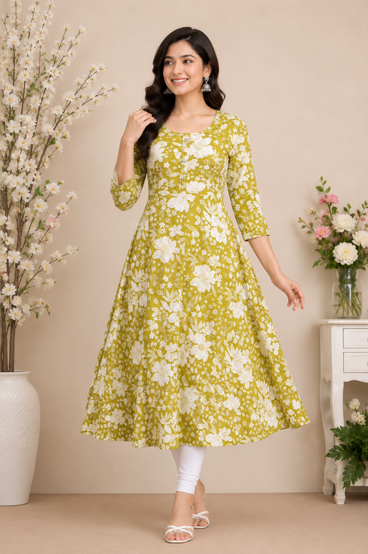 Elegant Mustard Floral Print A-Line Kurti with Stylish Button Placket