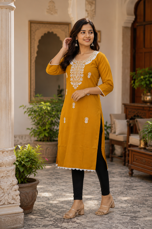 Women's Mustard Embroidered Straight Kurti | Elegant Ethnic Wear | 3/4 Sleeves