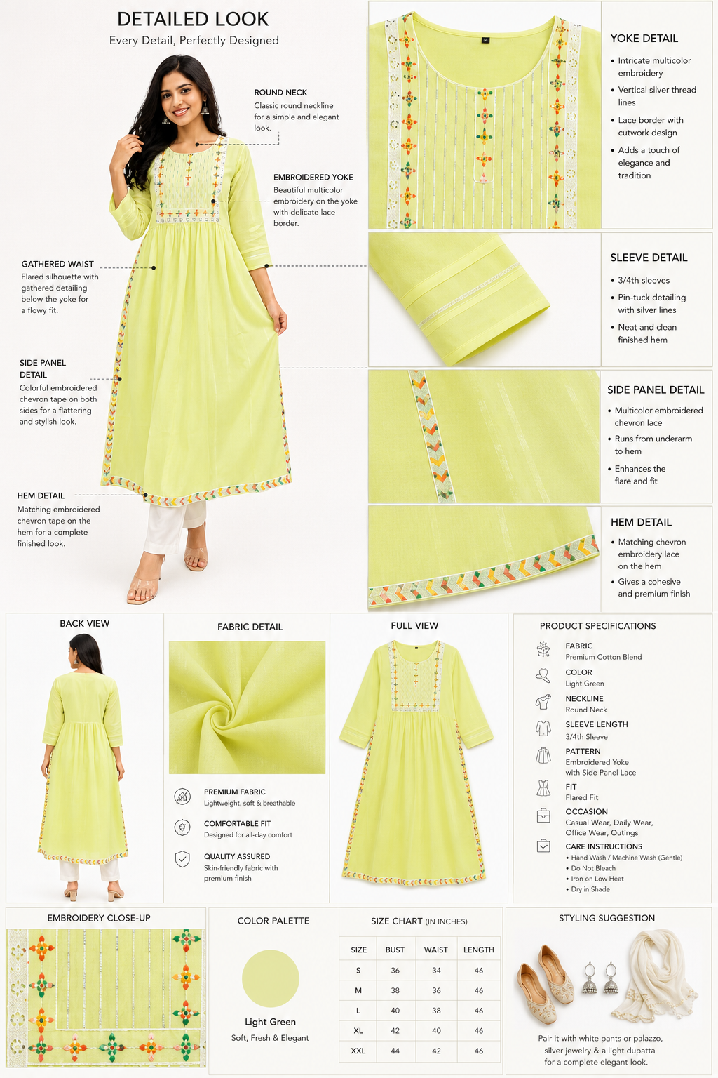 Pastel Lime Green Nayra Cut Kurti with Embroidered Yoke