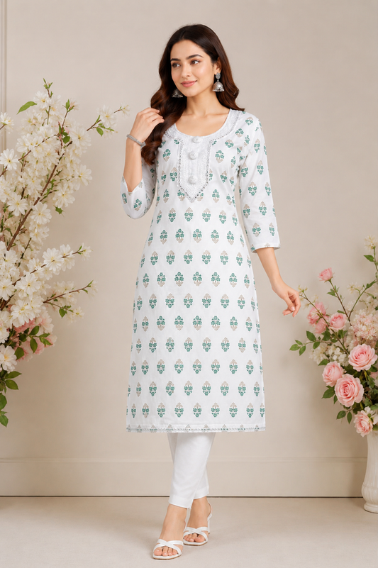 White Floral Print Kurta with Button Placket & Embroidered Hem
