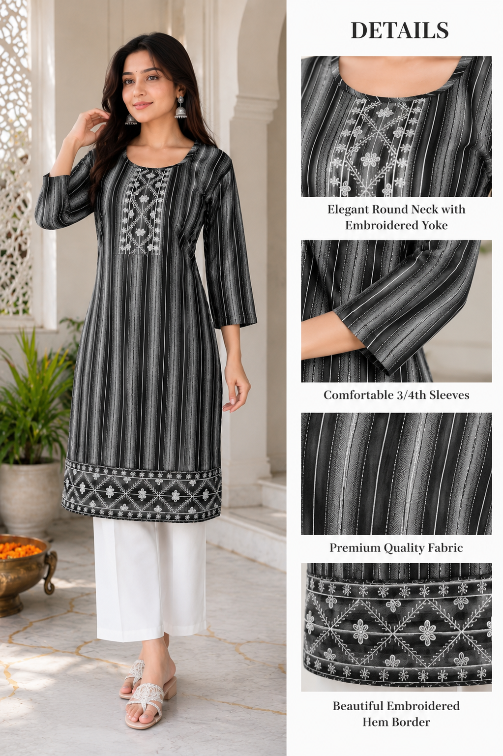 Sophisticated Black & White Striped Kurti with Elegant Embroidered Details