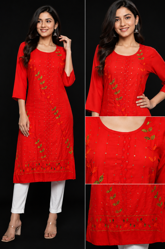 Elegant Crimson Red Embroidered Kurta with Leaf Motifs