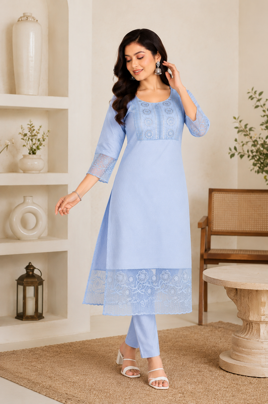 Elegant Pastel Blue Embroidered Kurta Set with Delicate Lace Details