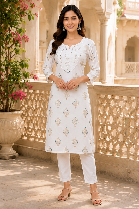 Urbans Women's White Embroidered Straight Kurti