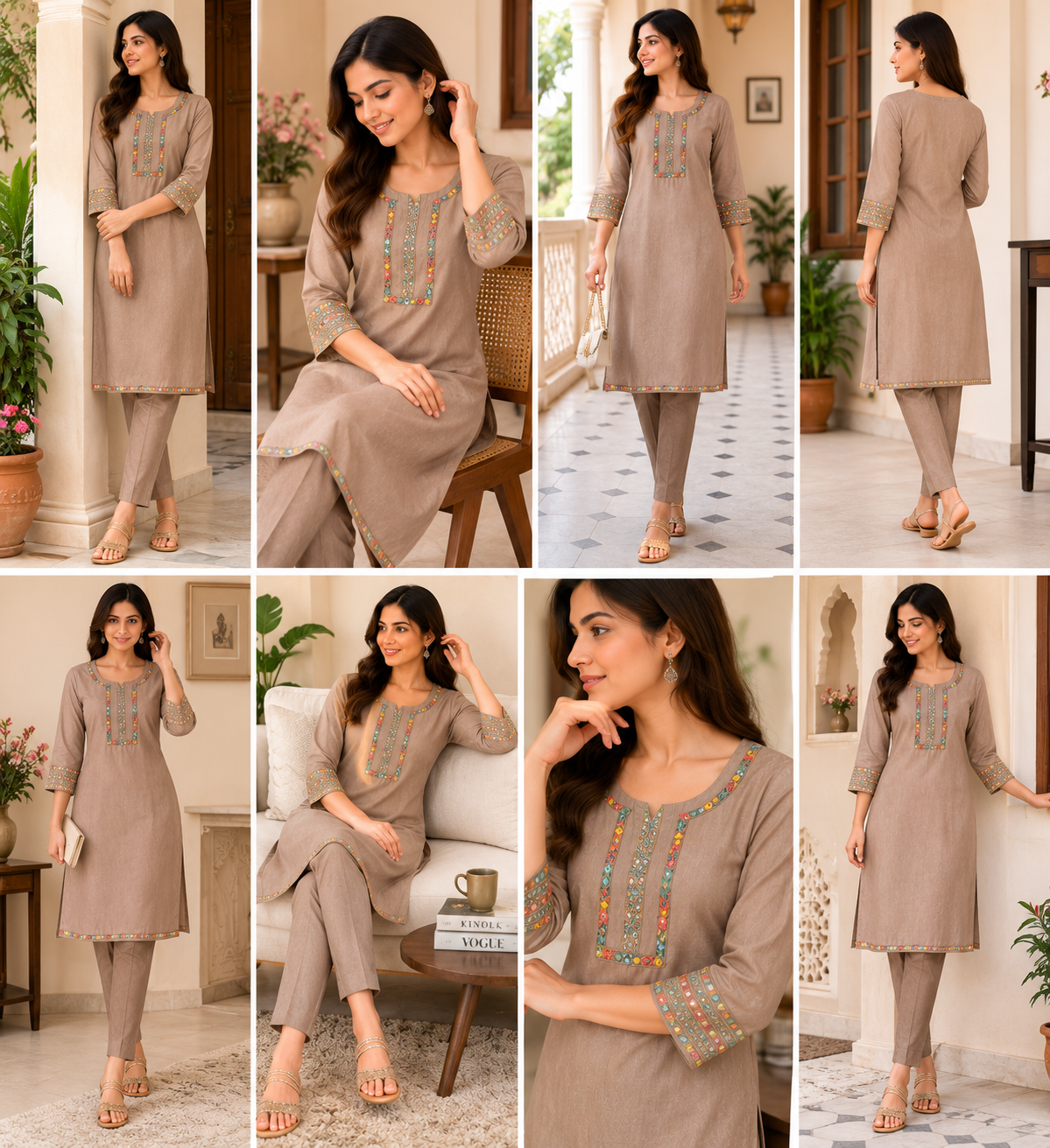 Elegant Beige Straight Long Kurti Set with Multi-Color Embroidery