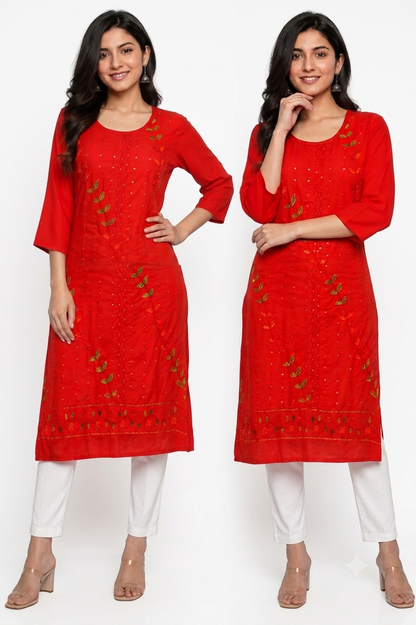 Elegant Crimson Red Embroidered Kurta with Leaf Motifs