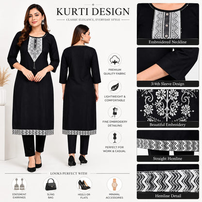Signature Black Kurti with Embroidered Neckline & Hem