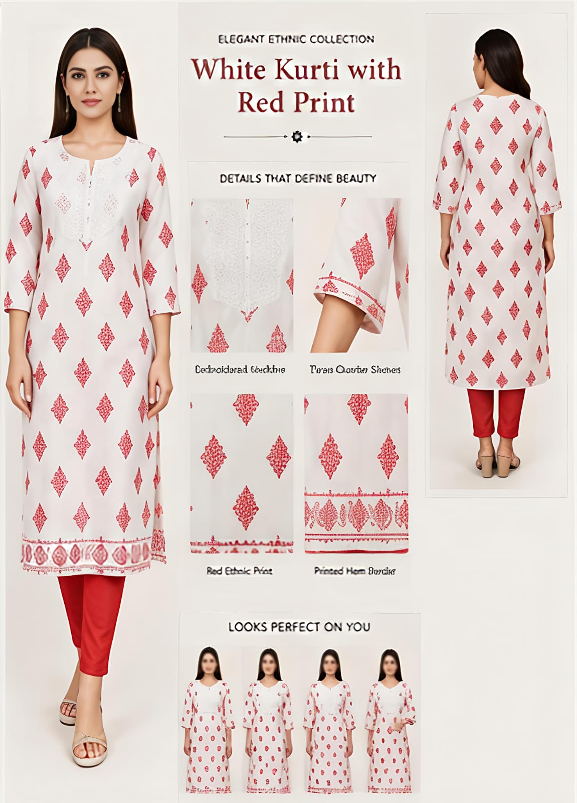 Elegant White Kurti with Red Ethnic Print & Embroidered Yoke