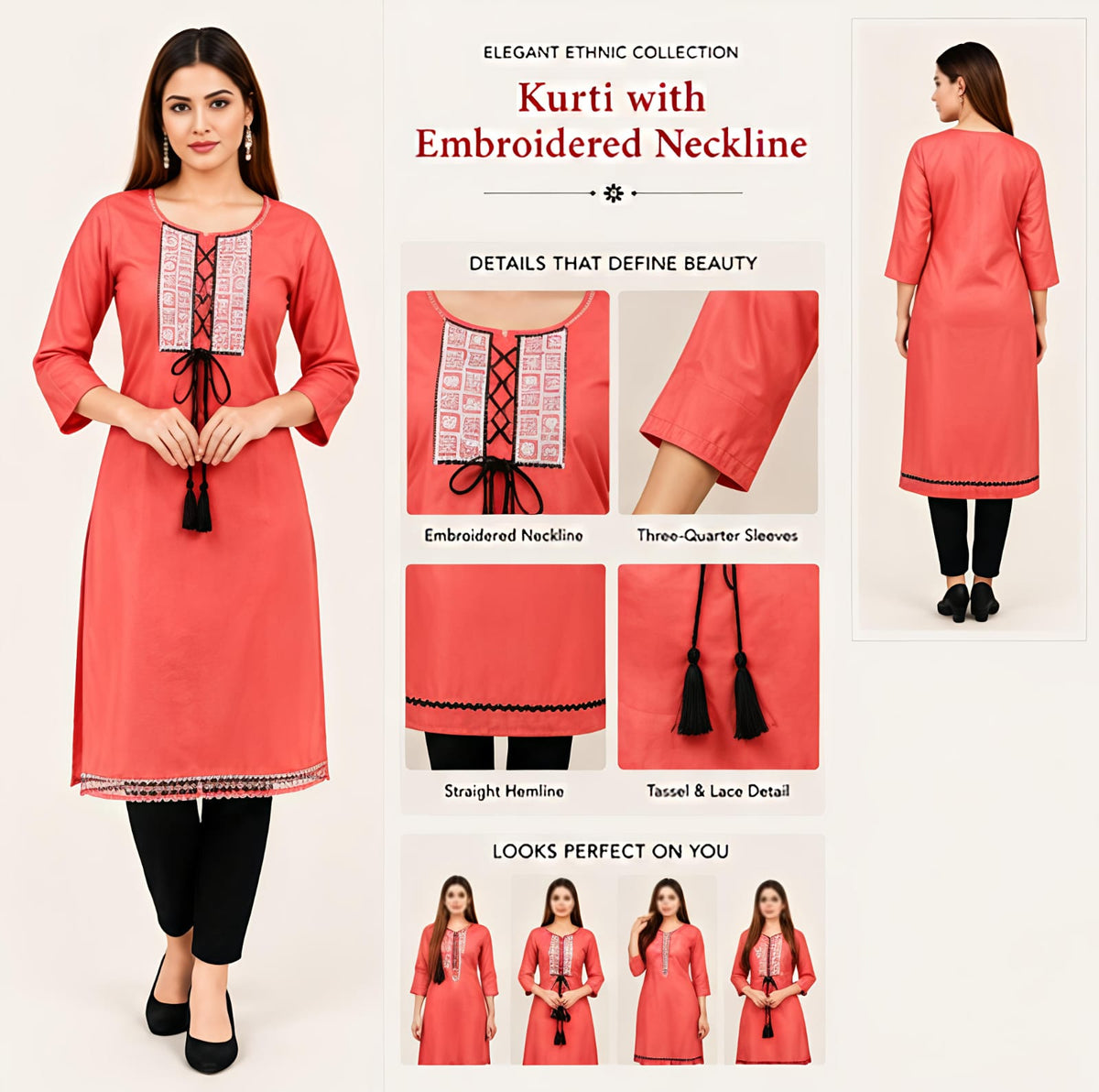 Striking Coral Pink Kurti with Contrast Black Tassels