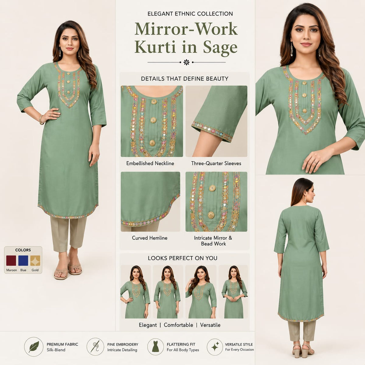 Women's Sage Green Silk-Blend Kurti with Embroidered Neckline & Curved Hem