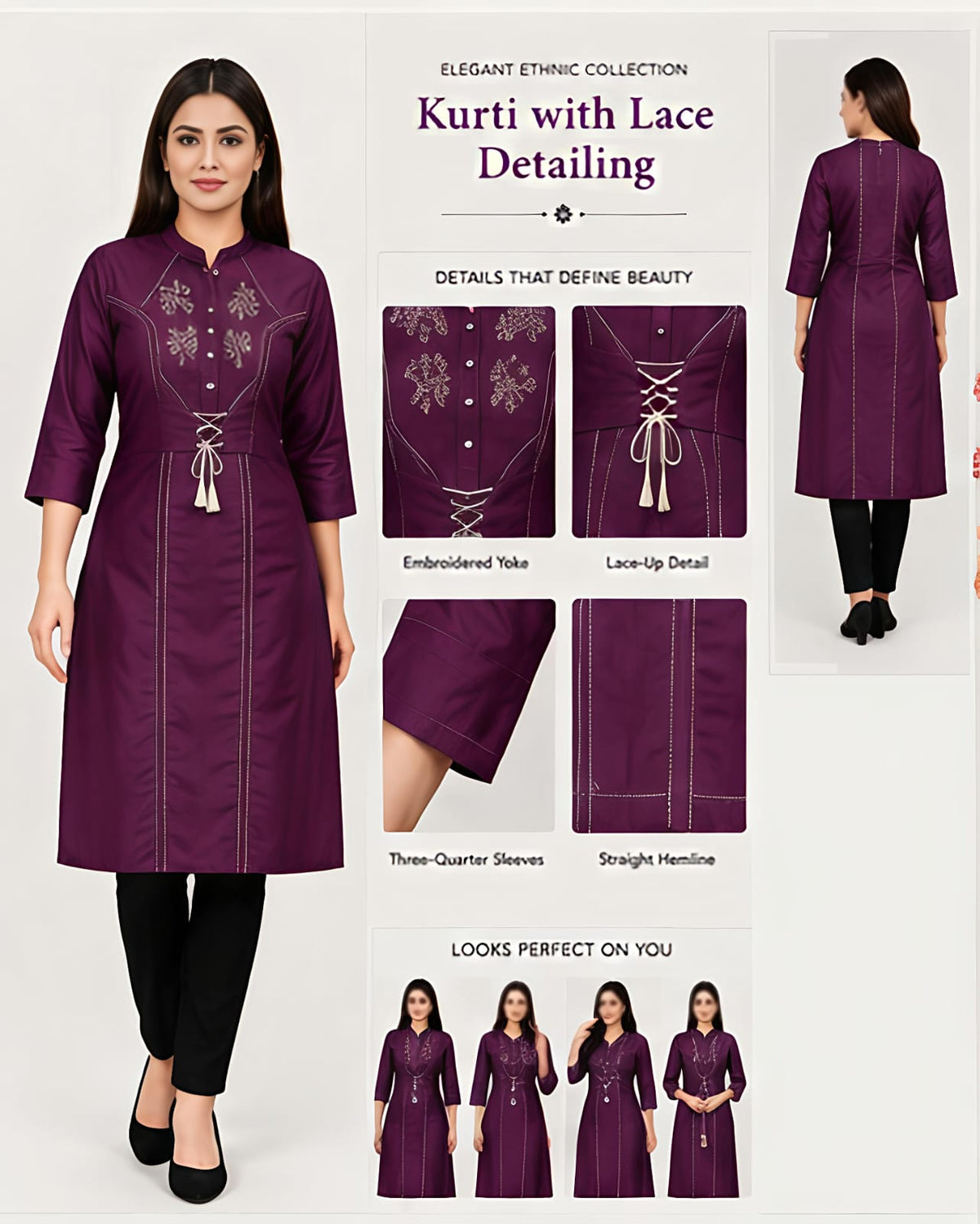 Regal Purple Kurti with Corset-Style Tie-Up & Tassels