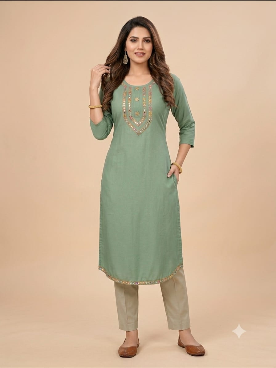 Women's Sage Green Silk-Blend Kurti with Embroidered Neckline & Curved Hem