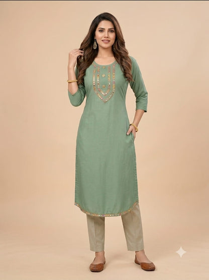 Women's Sage Green Silk-Blend Kurti with Embroidered Neckline & Curved Hem