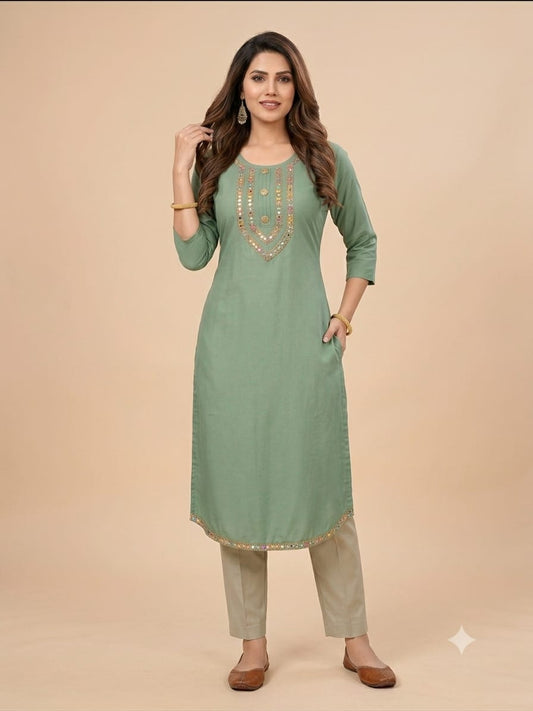 Women's Sage Green Silk-Blend Kurti with Embroidered Neckline & Curved Hem