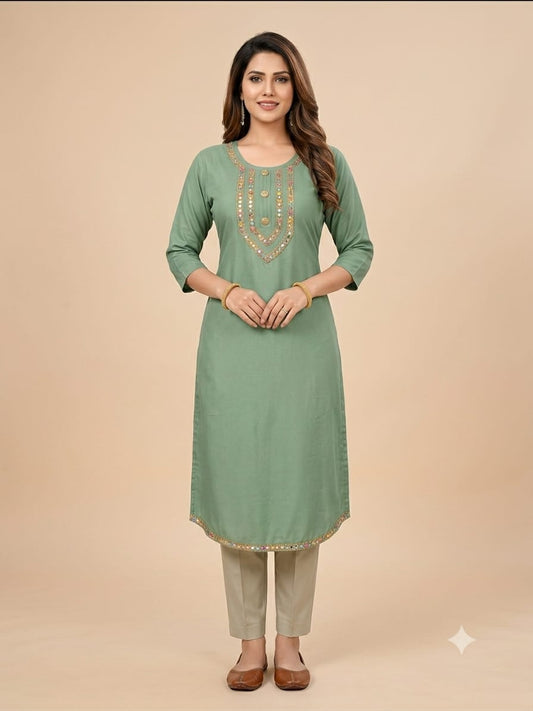 Women's Sage Green Silk-Blend Kurti with Embroidered Neckline & Curved Hem