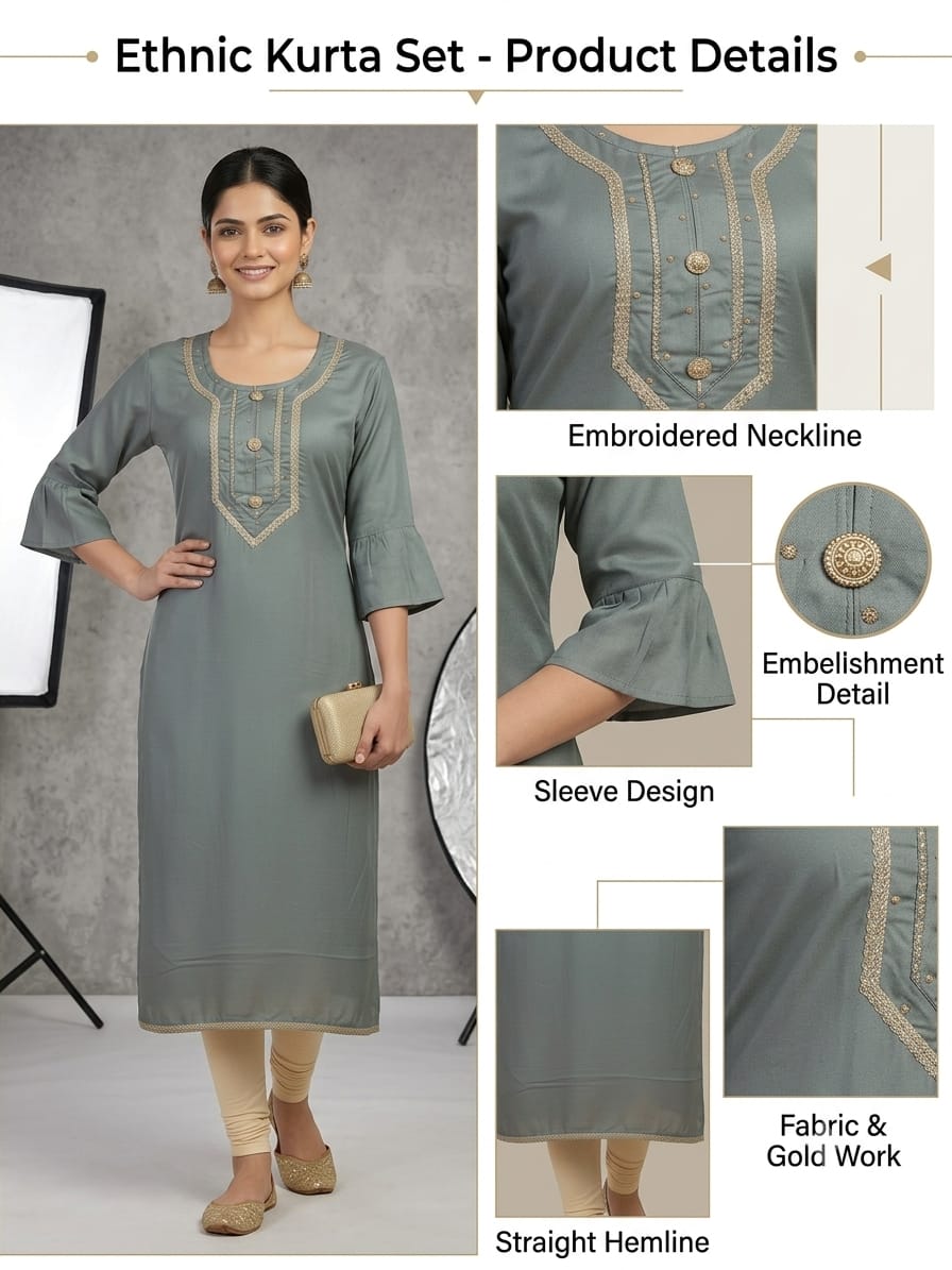 Premium Grey Ethnic Kurti with Embellished Neckline