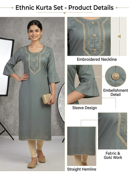 Premium Grey Ethnic Kurti with Embellished Neckline