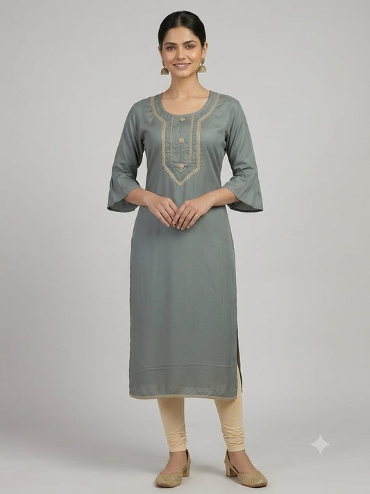 Premium Grey Ethnic Kurti with Embellished Neckline