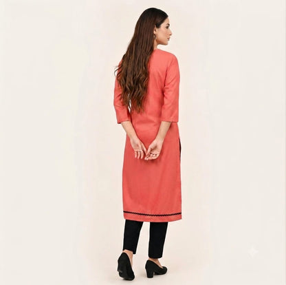 Striking Coral Pink Kurti with Contrast Black Tassels