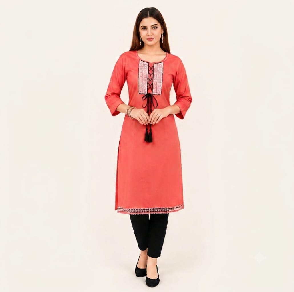 Striking Coral Pink Kurti with Contrast Black Tassels