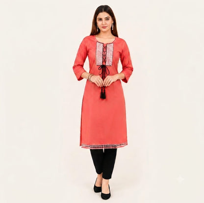 Striking Coral Pink Kurti with Contrast Black Tassels