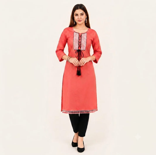 Striking Coral Pink Kurti with Contrast Black Tassels