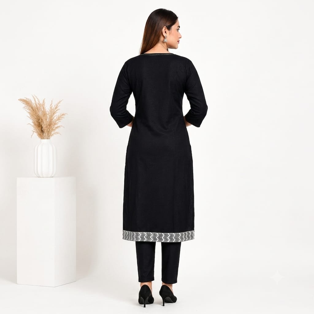 Signature Black Kurti with Embroidered Neckline & Hem