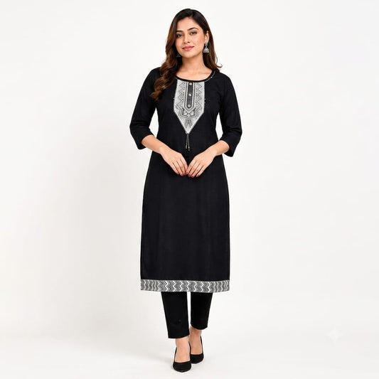 Signature Black Kurti with Embroidered Neckline & Hem