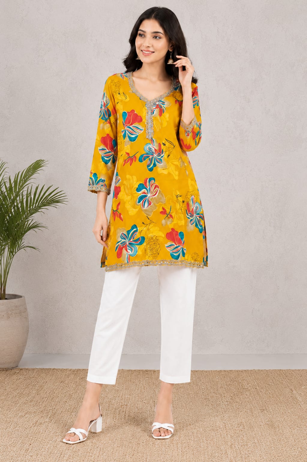Vibrant Mustard Yellow Floral Print Short Kurti for Women