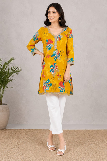 Vibrant Mustard Yellow Floral Print Short Kurti for Women