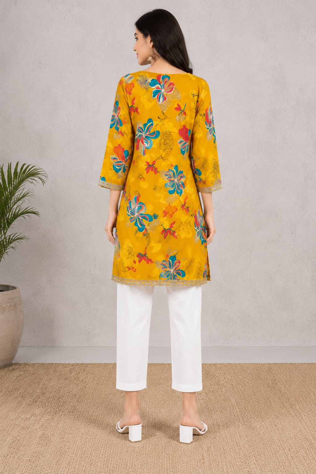 Vibrant Mustard Yellow Floral Print Short Kurti for Women