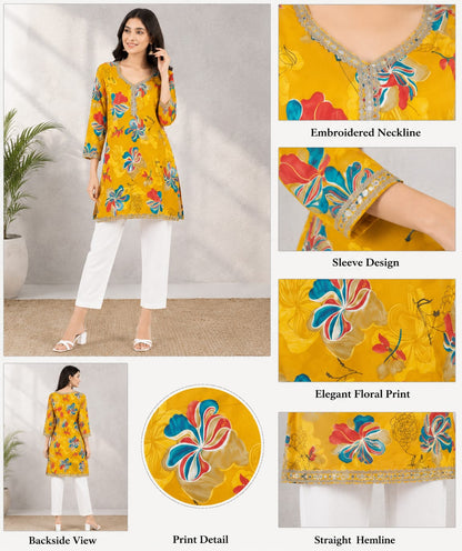 Vibrant Mustard Yellow Floral Print Short Kurti for Women
