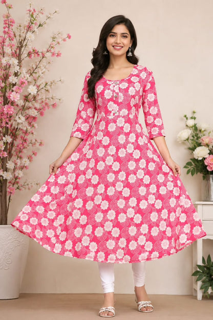 Vibrant Pink Floral Print A-Line Kurti with Stylish Button Placket