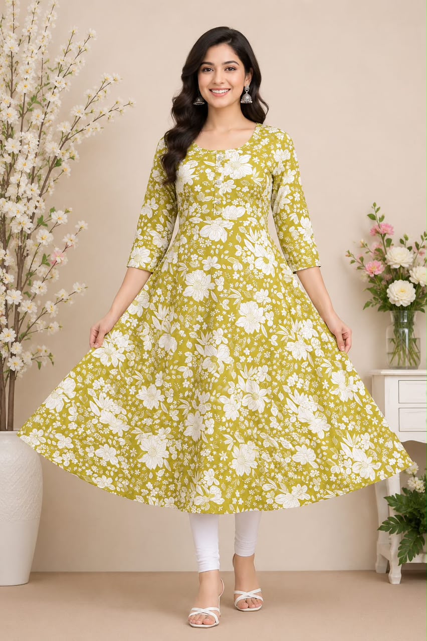 Elegant Mustard Floral Print A-Line Kurti with Stylish Button Placket