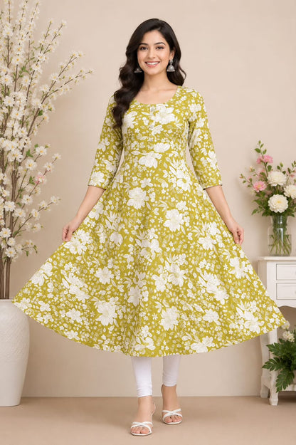 Elegant Mustard Floral Print A-Line Kurti with Stylish Button Placket