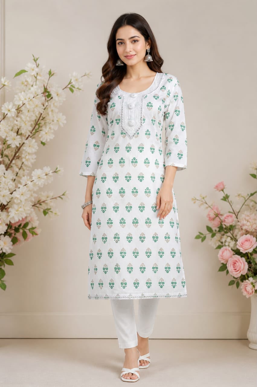 White Floral Print Kurta with Button Placket & Embroidered Hem