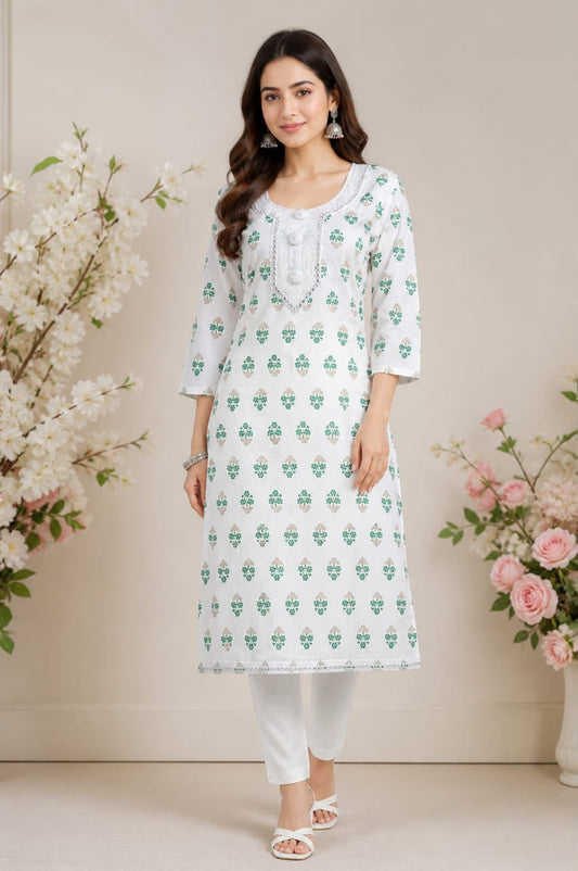 White Floral Print Kurta with Button Placket & Embroidered Hem