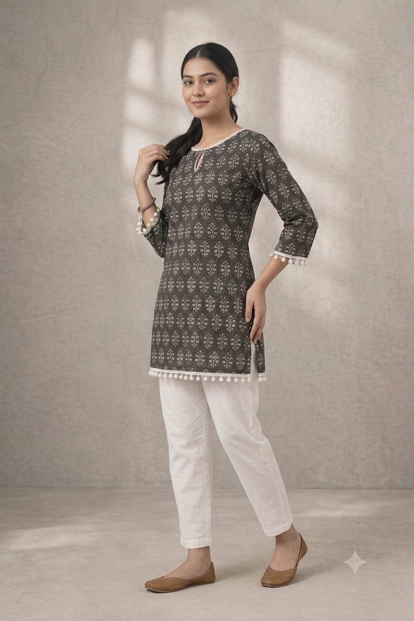 Black Floral Printed Straight Kurti | Square Neck | 3/4 Sleeves | Casual, Office & Daily Wear