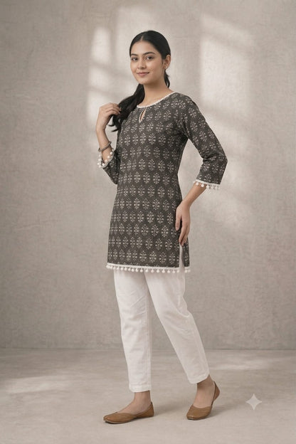Black Floral Printed Straight Kurti | Square Neck | 3/4 Sleeves | Casual, Office & Daily Wear