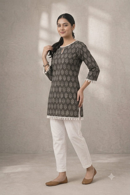 Black Floral Printed Straight Kurti | Square Neck | 3/4 Sleeves | Casual, Office & Daily Wear