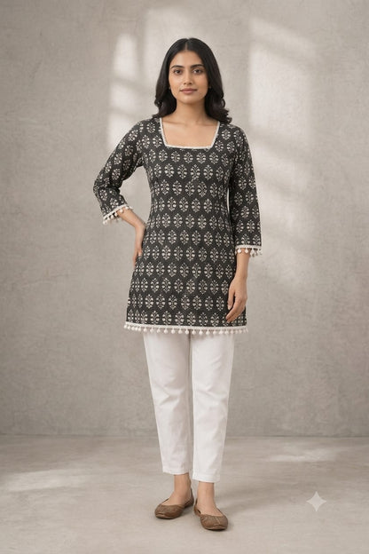 Black Floral Printed Straight Kurti | Square Neck | 3/4 Sleeves | Casual, Office & Daily Wear