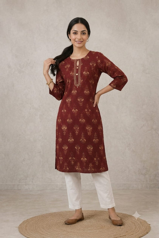 Maroon Floral Printed Straight Kurti | Premium Cotton Blend | Round Neck | 3/4 Sleeves | Casual, Office & Daily Wear